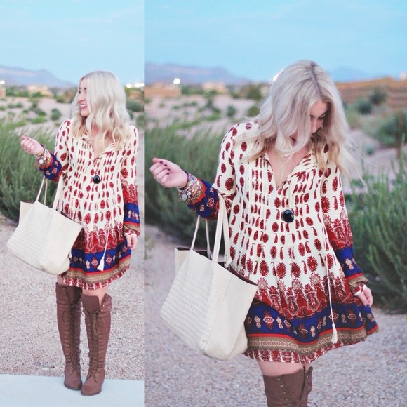 PPLA Dresses & Skirts - PPLA Boho Festive Dress Women's Cream Red Vintage Retro Size M